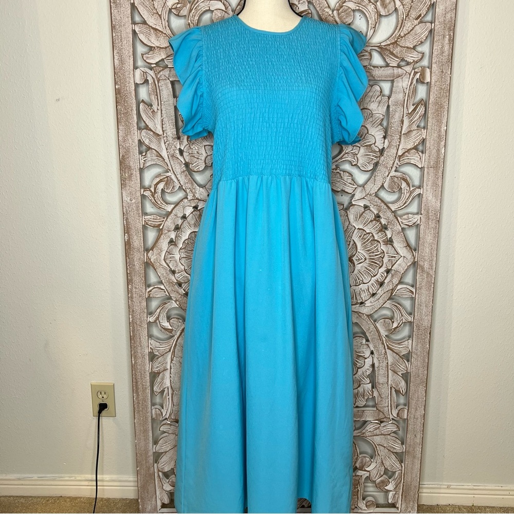 NWOT Michelle McDowell Teal Smocked Ruffle Sleeve Midi Dress w Pockets Sz XL - Picture 2 of 7